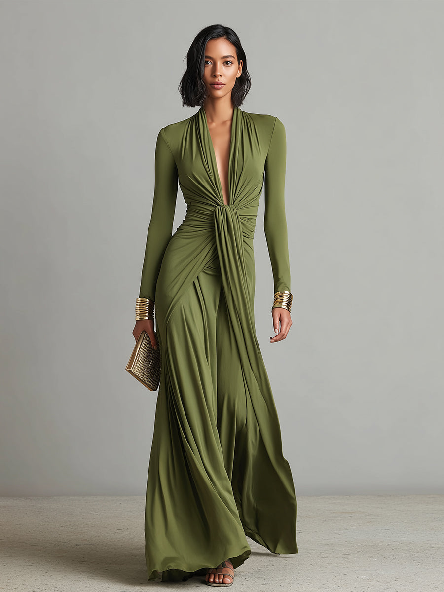 Aria | Abito lungo drappeggiato verde oliva