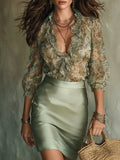 Celeste | Completo Blusa Floreale e Gonna in Raso