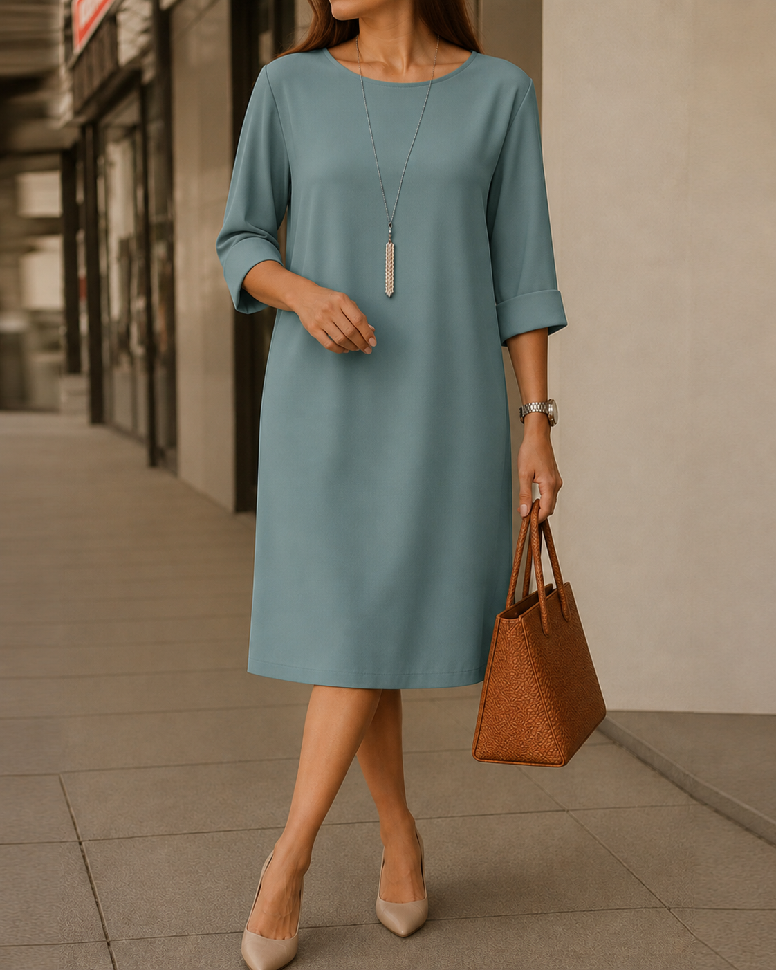 Silvia | Abito midi casual a maniche a 3/4 con tasche
