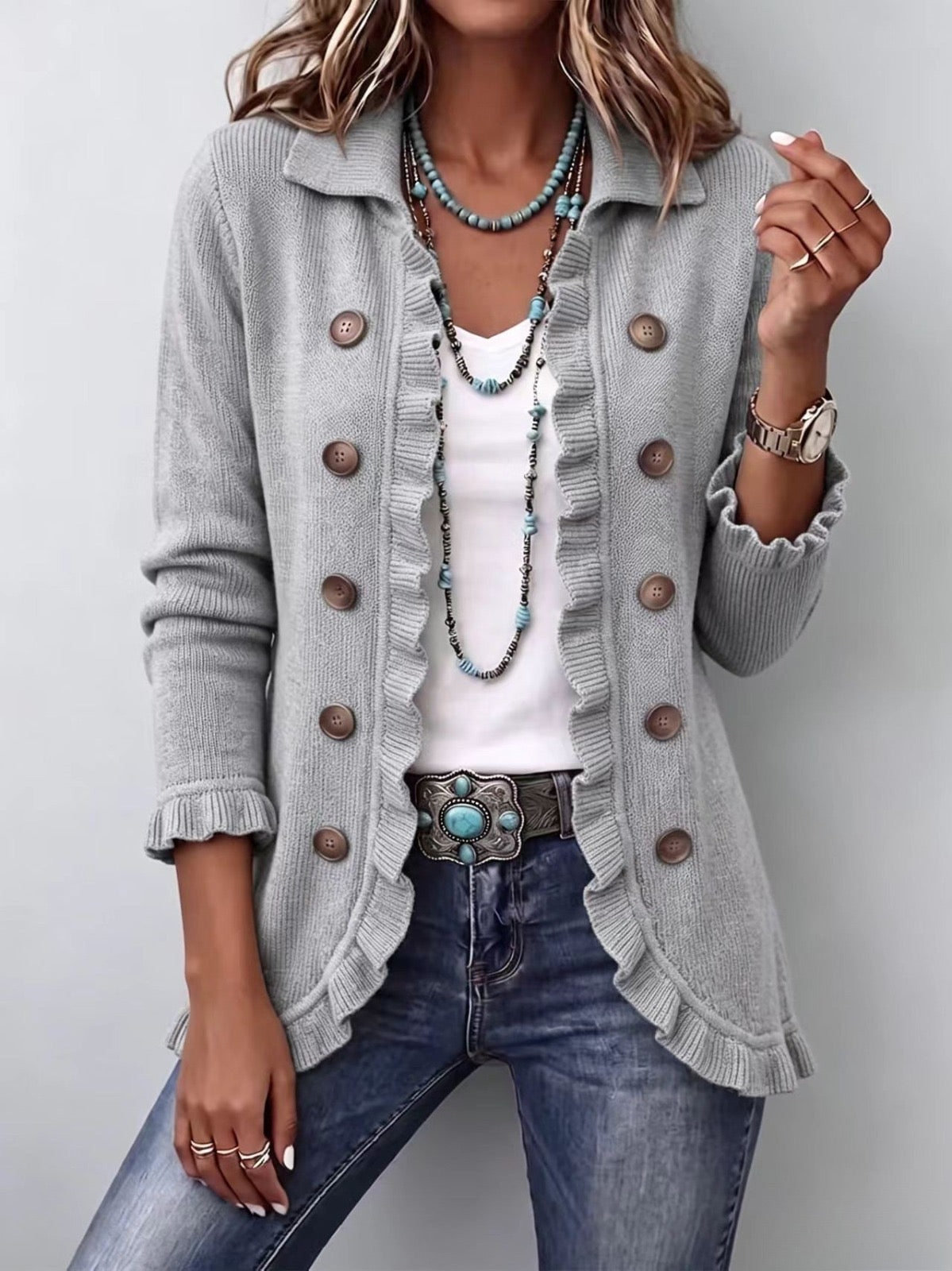 Eloísa Cardigan Grigio Mélange con Rouches