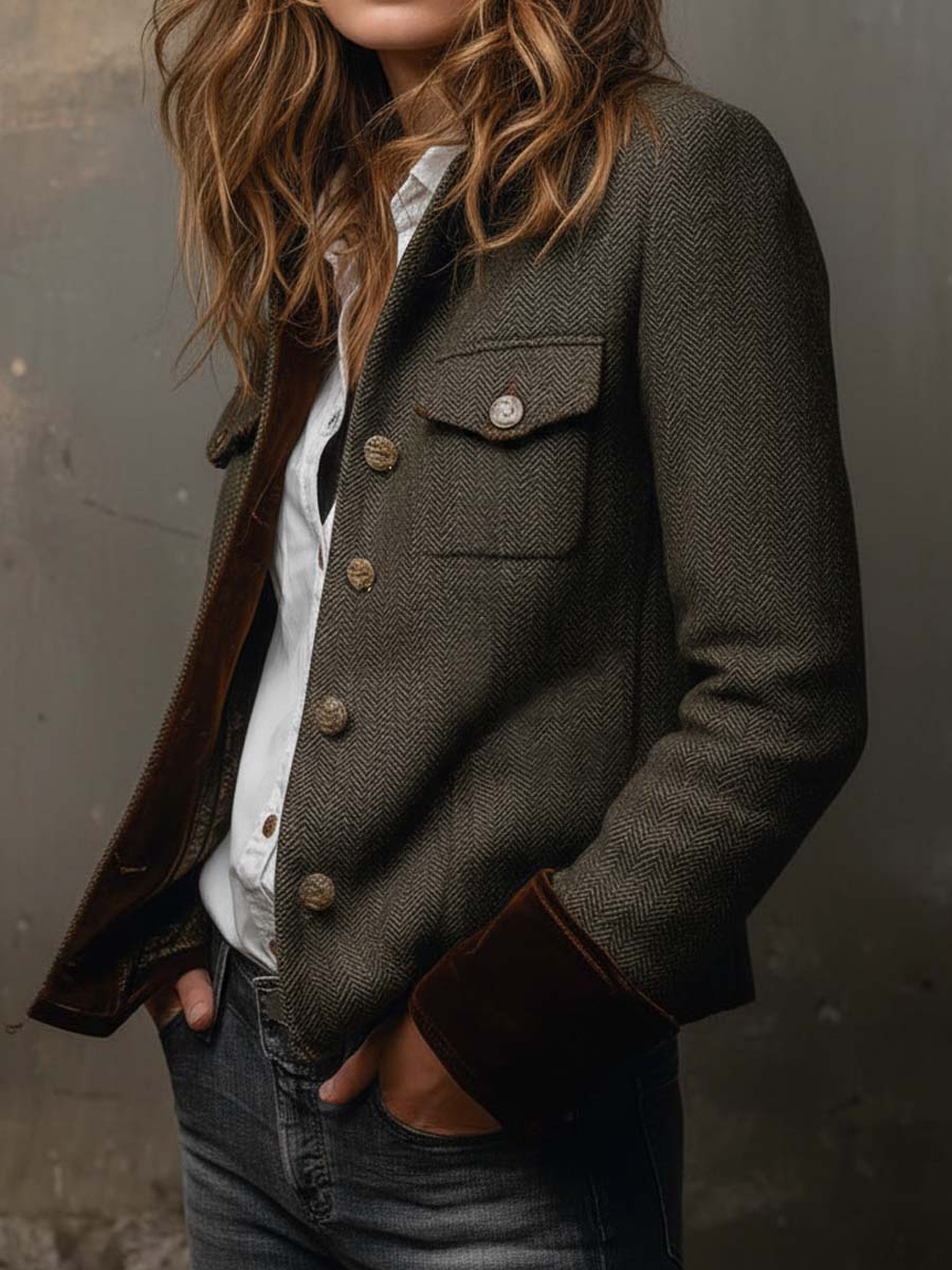 Delphine | Blazer Vintage Spigato con Bordi a Contrasto