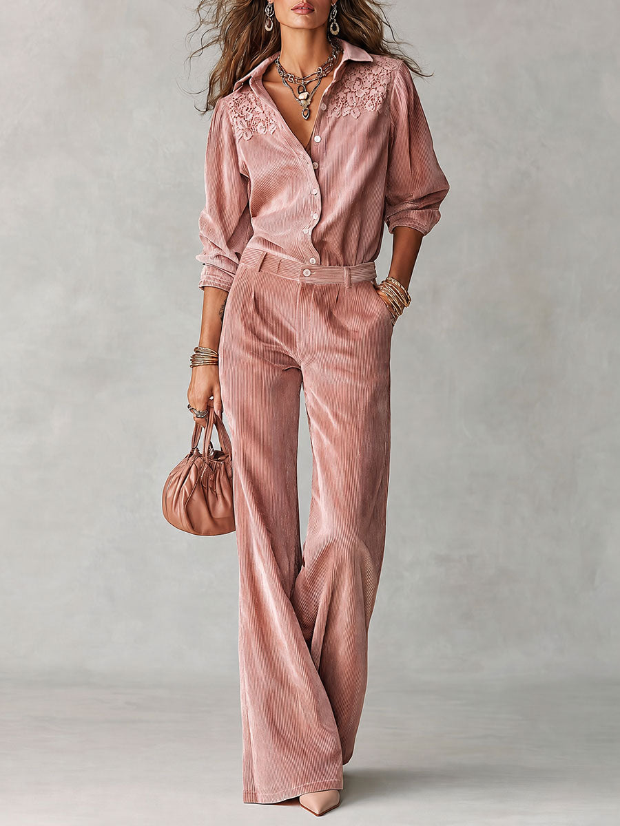 Angelina | Completo in Corduroy Boho con Dettagli in Pizz