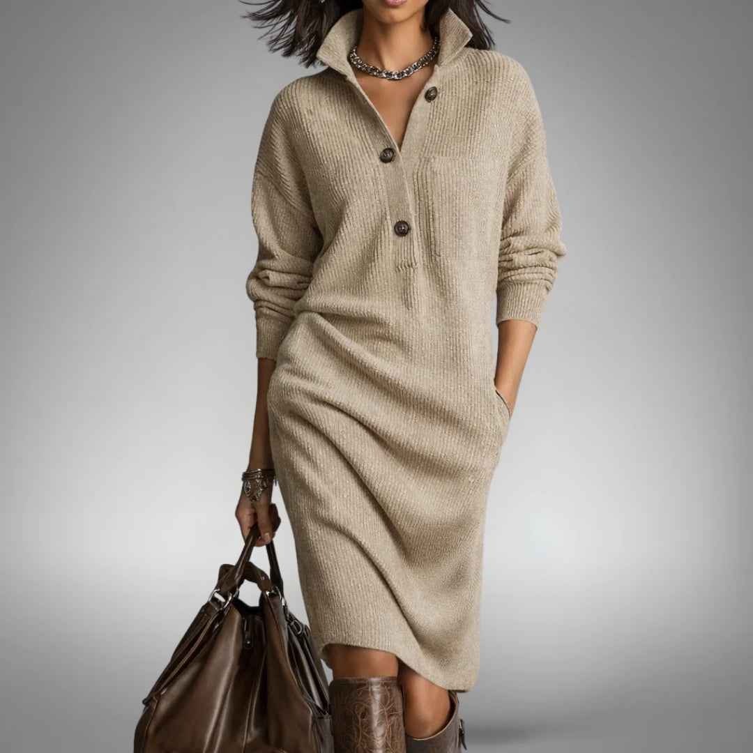 Amalia | Abito Midi Elegante in Maglia con Collo a Bottoni