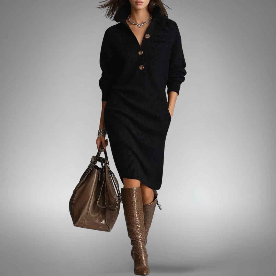 Amalia | Abito Midi Elegante in Maglia con Collo a Bottoni