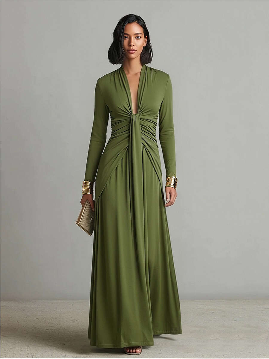 Aria | Abito lungo drappeggiato verde oliva