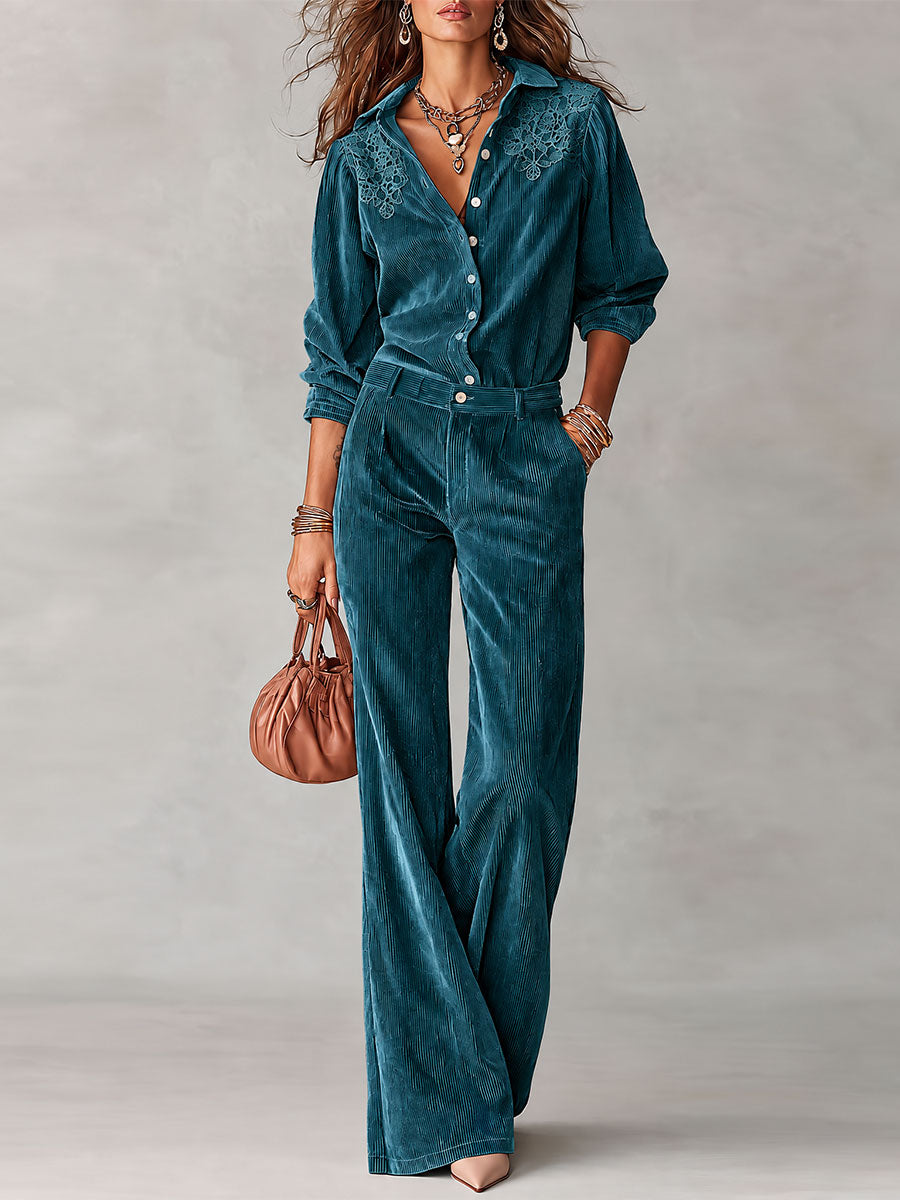 Angelina | Completo in Corduroy Boho con Dettagli in Pizz