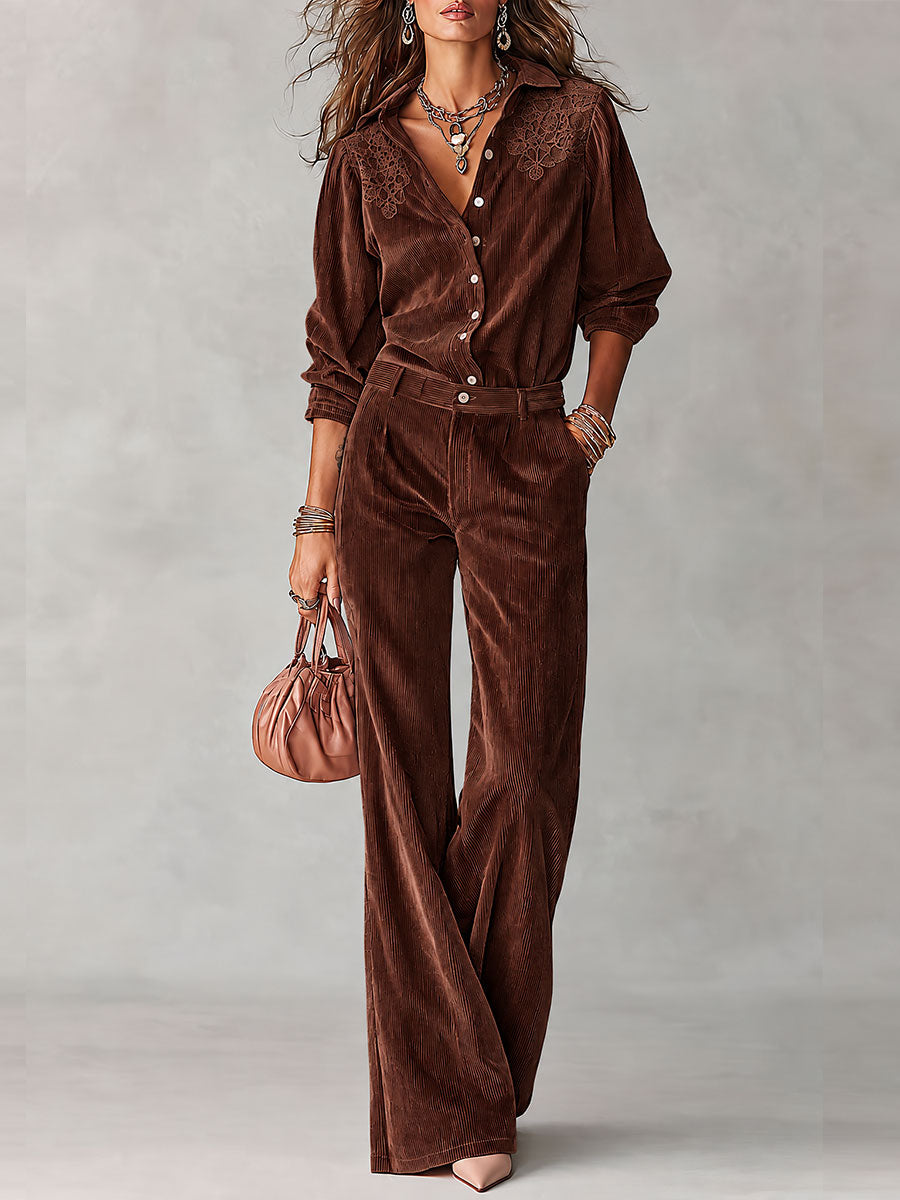 Angelina | Completo in Corduroy Boho con Dettagli in Pizz