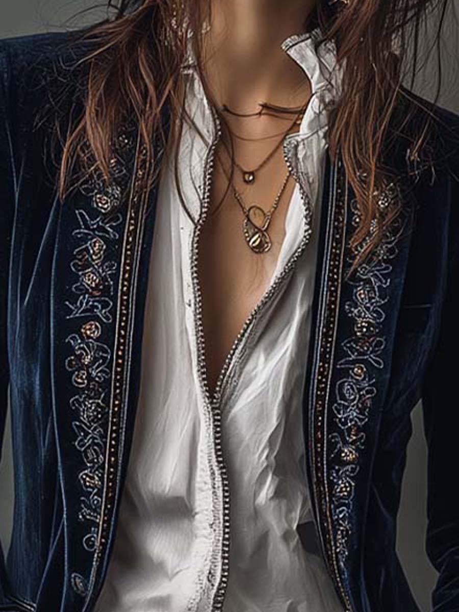 Odette | Giacca Lunga Blu Navy Ricamata