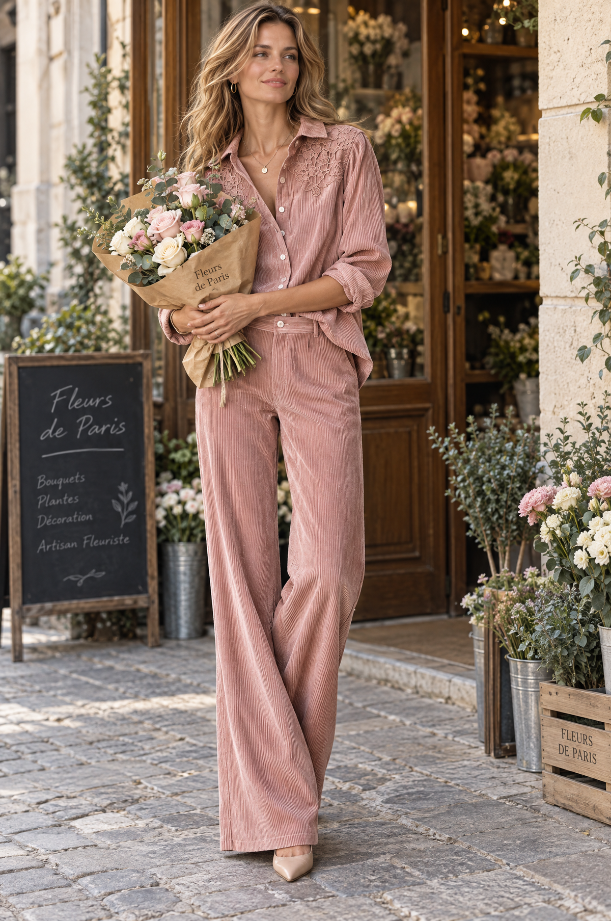 Angelina | Completo in Corduroy Boho con Dettagli in Pizz