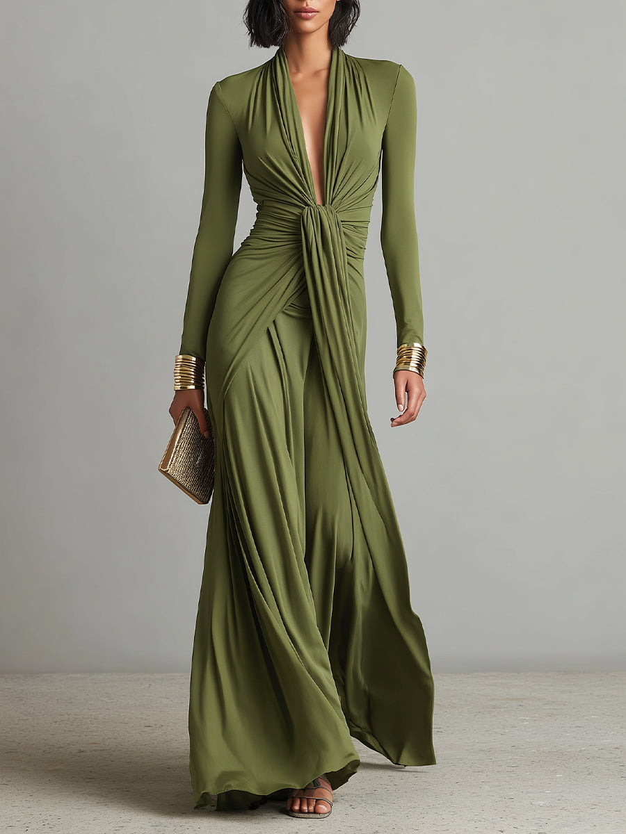 Aria | Abito lungo drappeggiato verde oliva