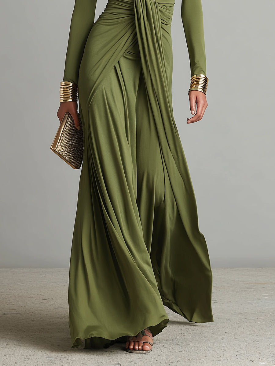 Aria | Abito lungo drappeggiato verde oliva