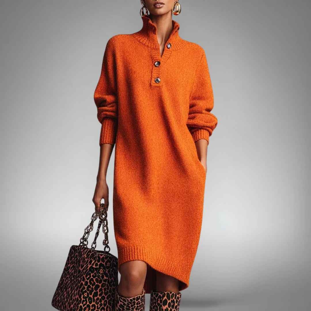 Amalia | Abito Midi Elegante in Maglia con Collo a Bottoni
