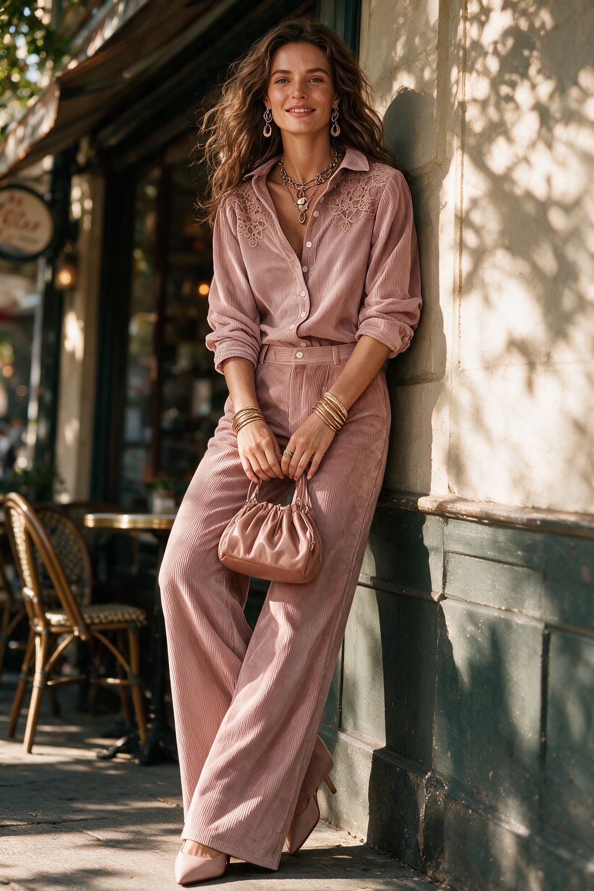 Angelina | Completo in Corduroy Boho con Dettagli in Pizz