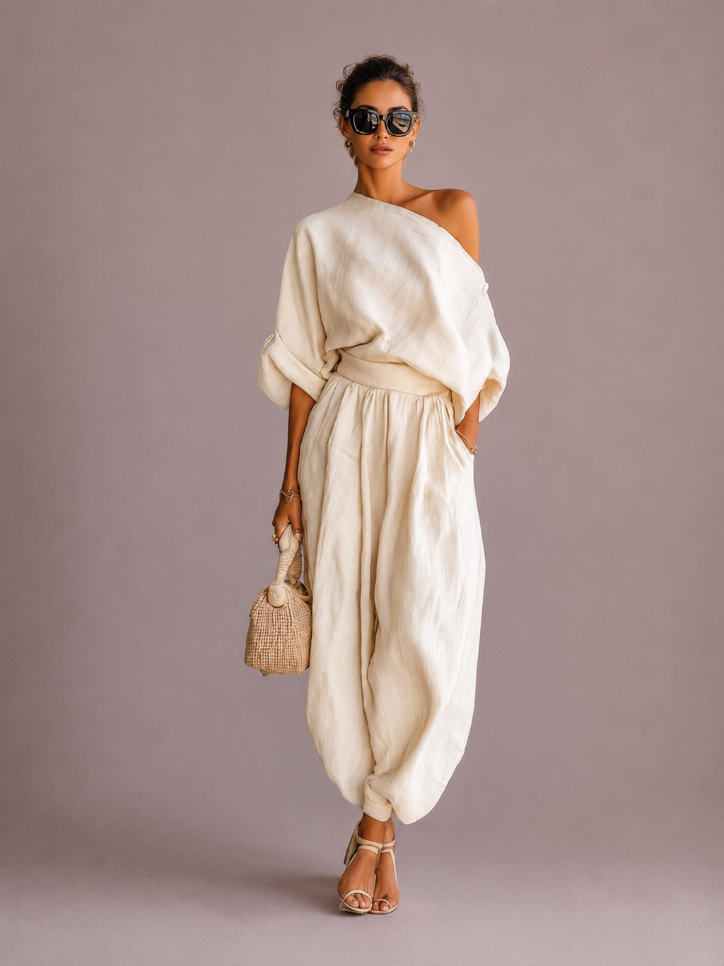 LEI | Completo di lino bianco, pantaloni a spalle scoperte