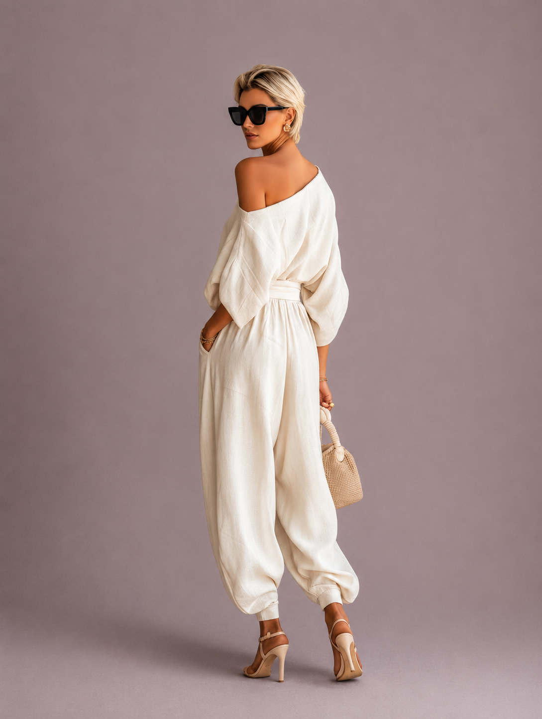 LEI | Completo di lino bianco, pantaloni a spalle scoperte