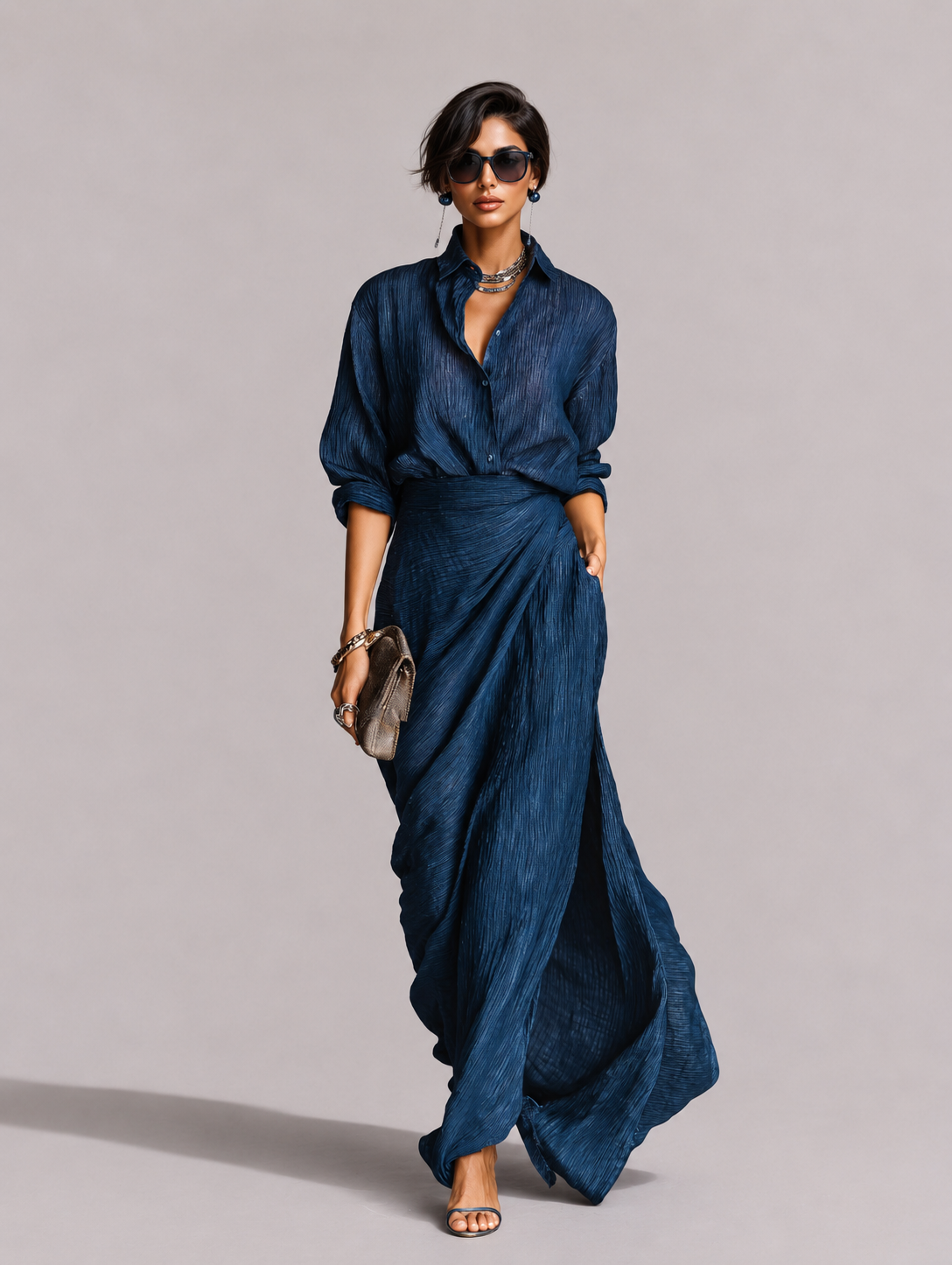 JENNY | Completo elegante con camicia e gonna lunga in misto tessuto blu.