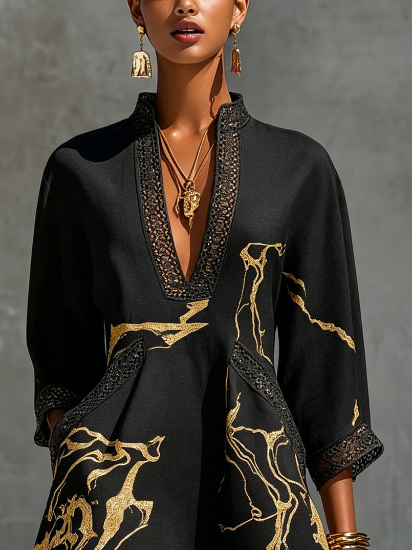 Donatella | Minivestido con Estampado de Mármol Dorado y Encaje