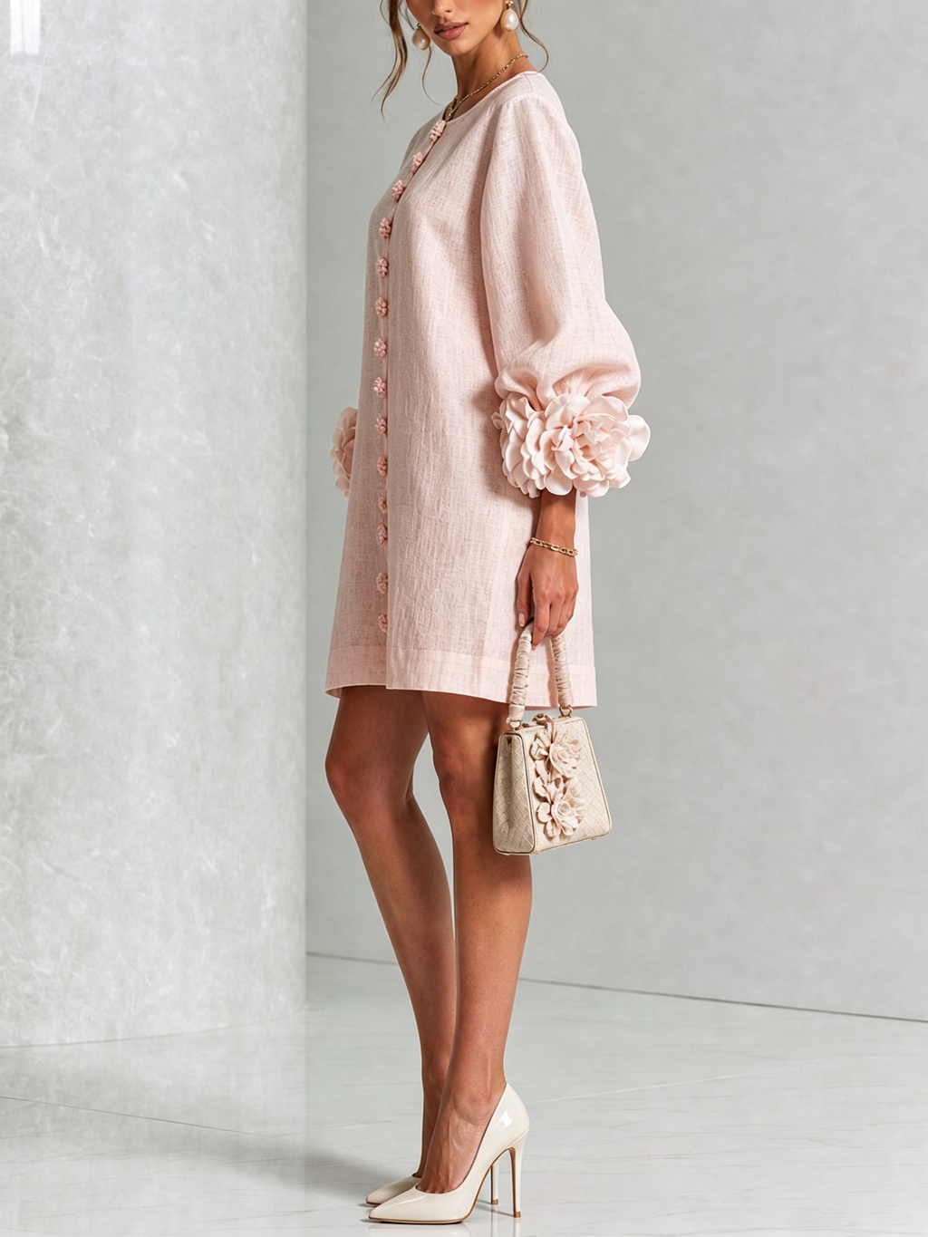 Vestido Mini Alice | Botonadura Floral y Puños Esculturales