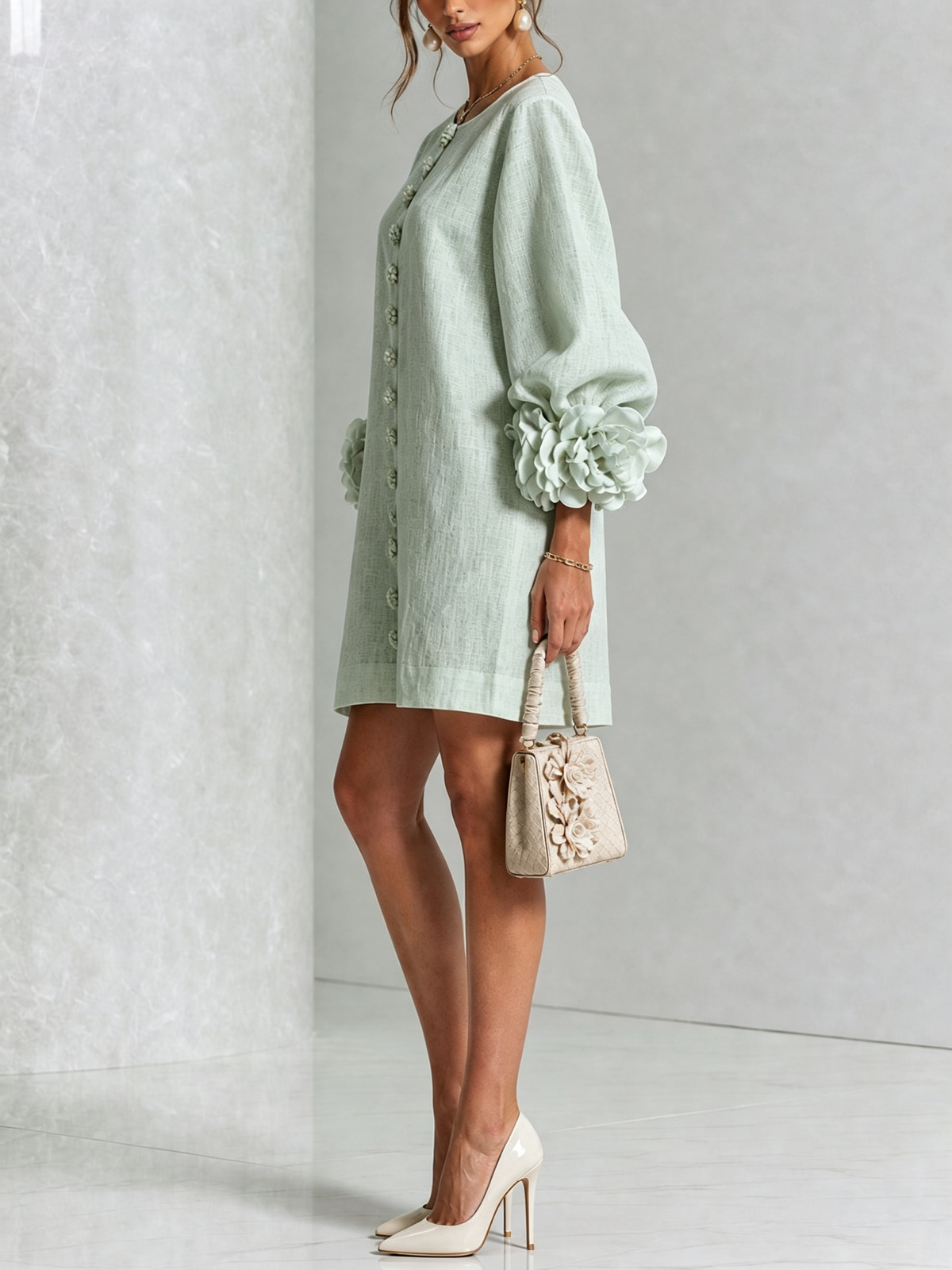 Vestido Mini Alice | Botonadura Floral y Puños Esculturales