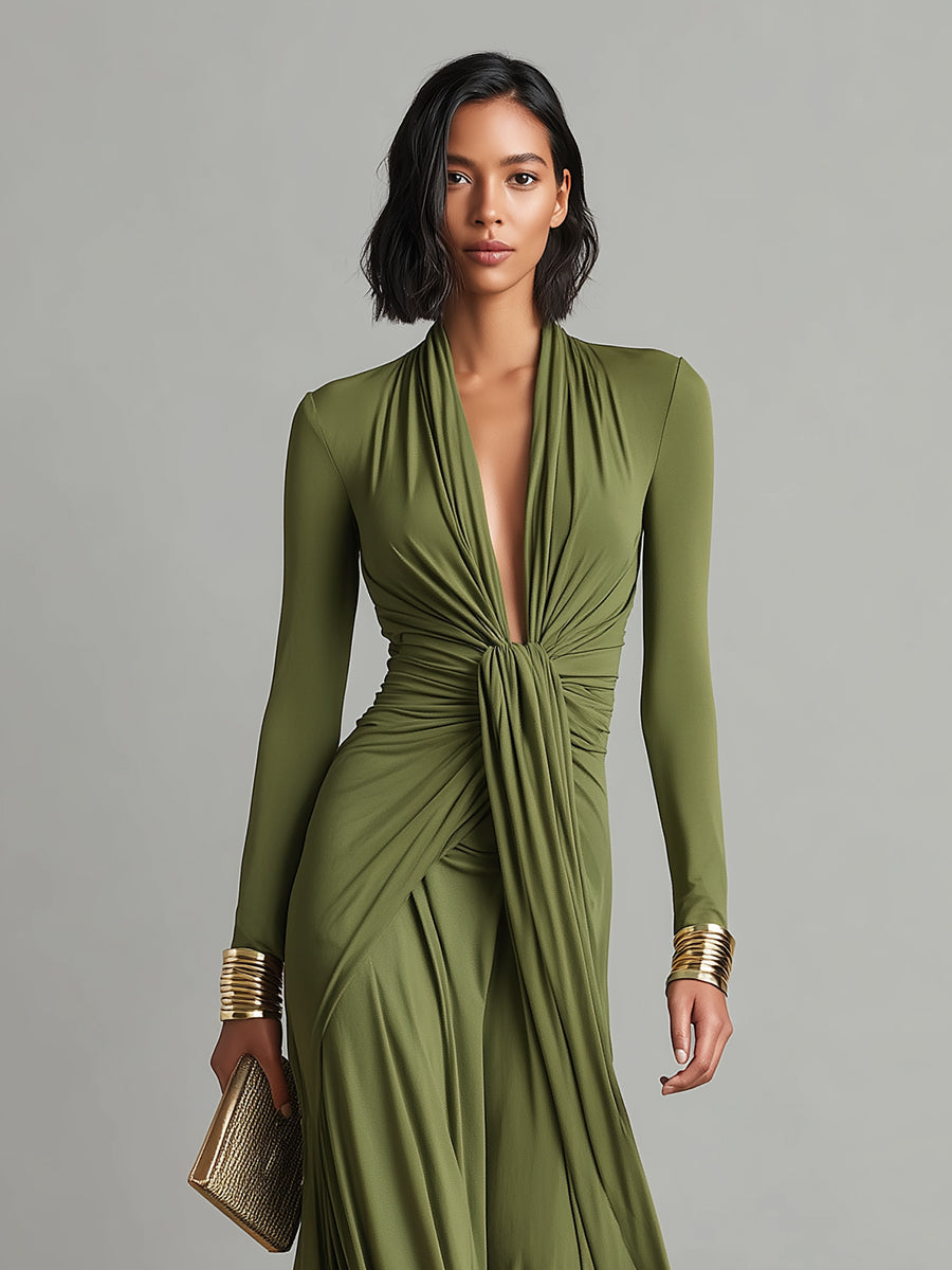 Aria | Abito lungo drappeggiato verde oliva