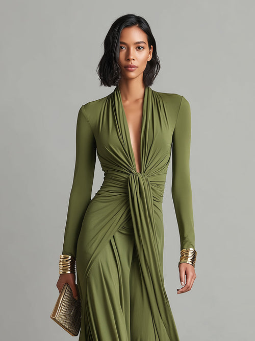 Aria | Abito lungo drappeggiato verde oliva
