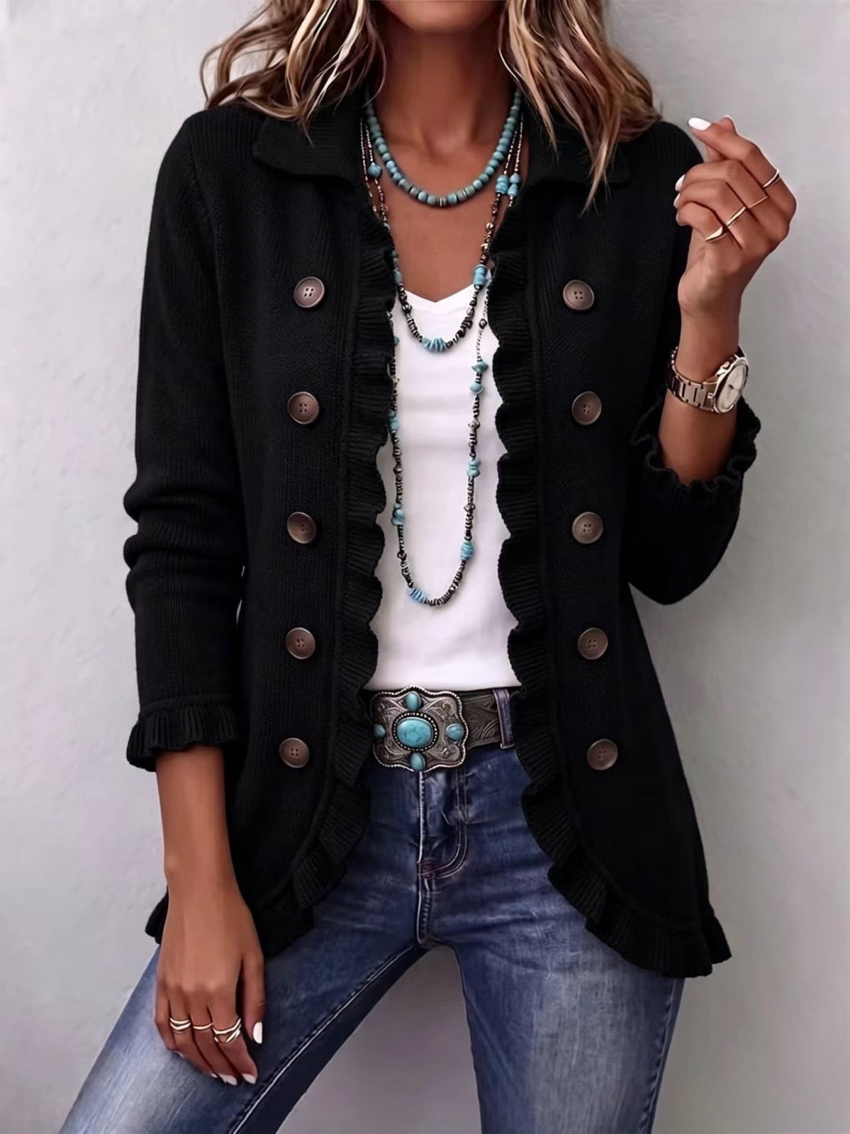 Cardigan nero con volant Camila