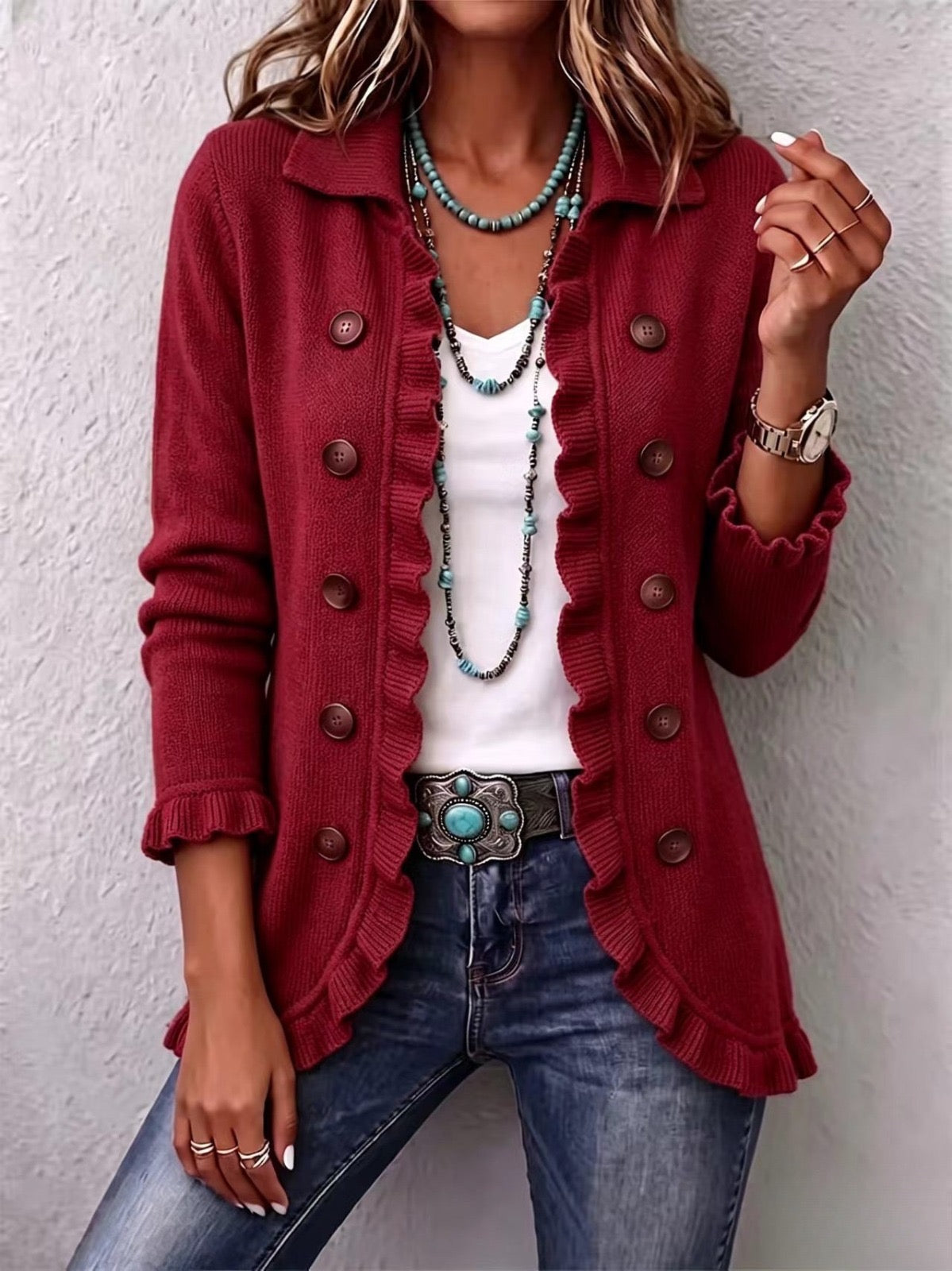 Cardigan Rosalía Rosso Rubino con Volant