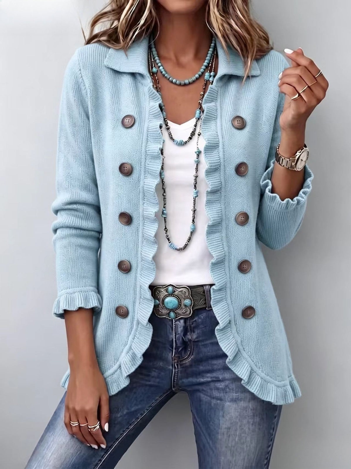 Cecilia Cardigan in maglia blu polvere con volant