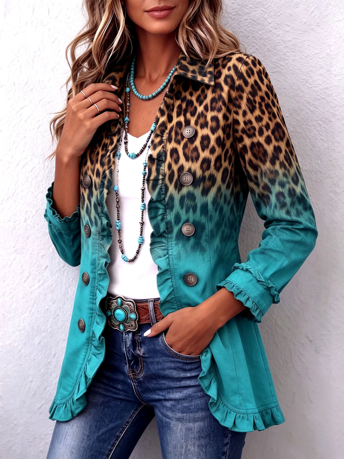 Mercedes Giacca Blazer Leopardo Sfumato con Volant