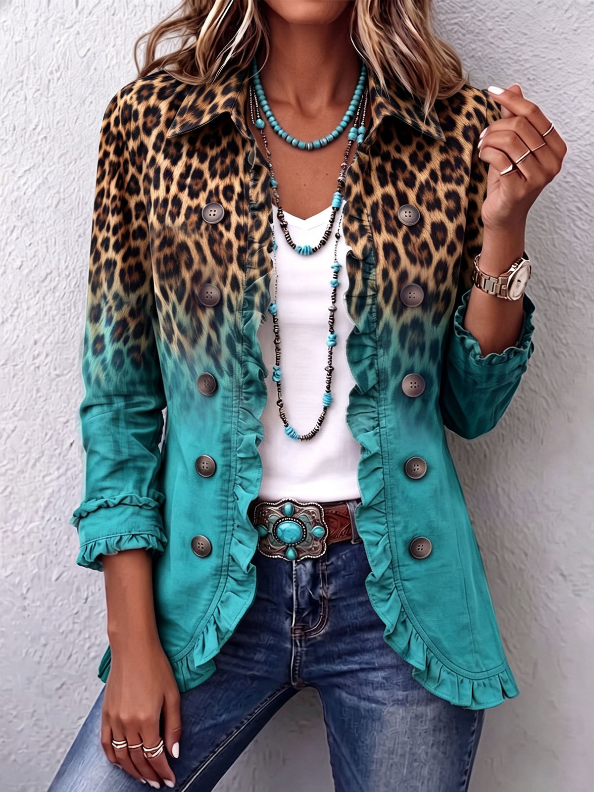 Mercedes Giacca Blazer Leopardo Sfumato con Volant
