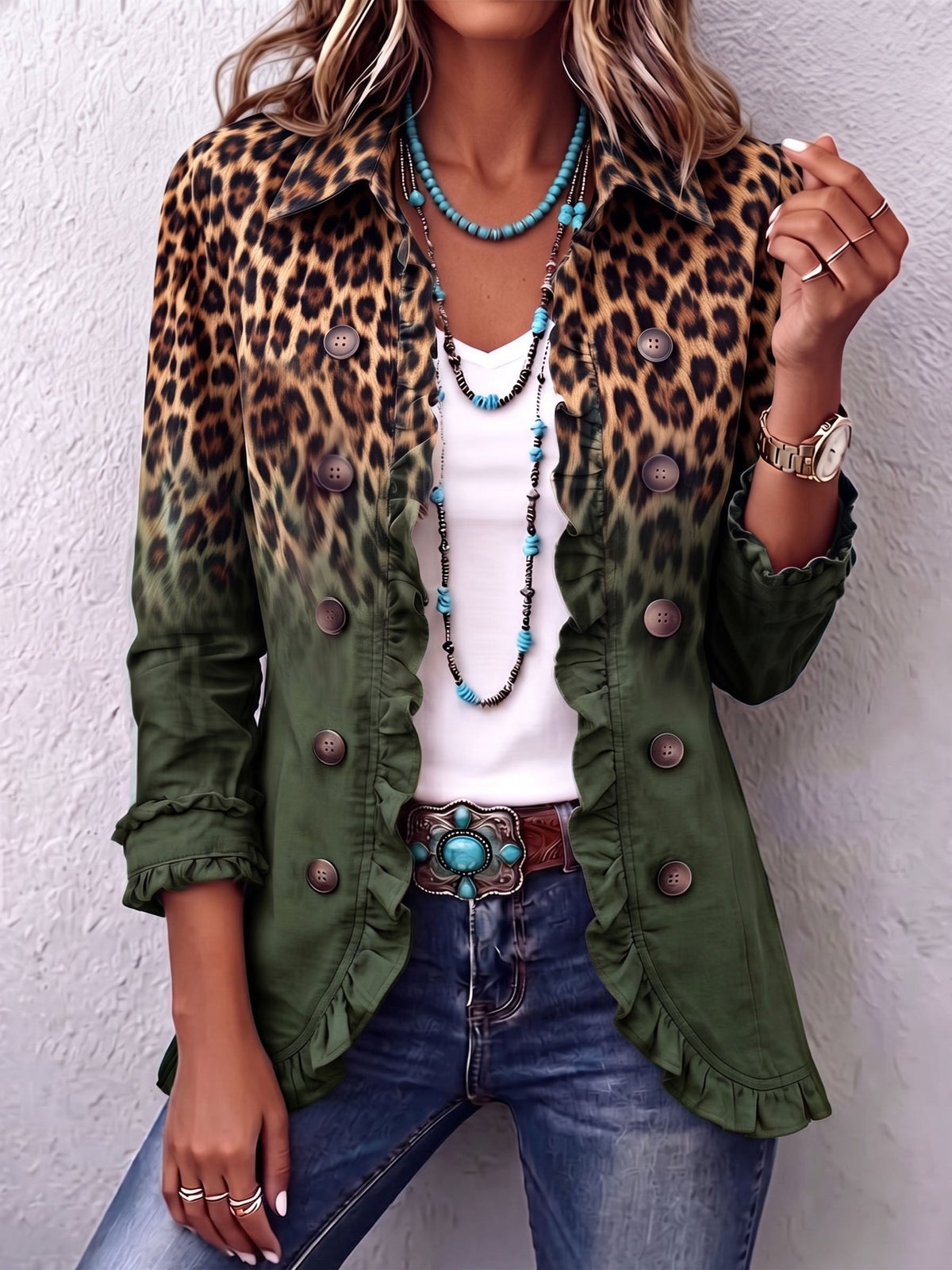 Blazer Ramona con stampa leopardata e ruches verde